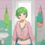 Placeholder: 3D,12 years old plus size girl, in the bathroom,necklace,looks exhausted, green short hair, colorful clothes, low cut,childish