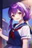 Placeholder: girl, masterpiece, best quality, cinematic lighting, detailed outfit, vibrant colors, perfect eyes, long hair, purple hair, red eyes, low ponytail, school outfit, laughing,