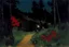 Placeholder: Night, cabin, pine trees, pathway, red flowers, edouard manet impressionism painting