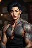Placeholder: professional photo from attraktive young korean male character with elaborate detailed warrior tattooed . The character’s muscular build, some ring jewelry, dark hair, dark asian eyes, young korean man attractive masculine face with realistic skin, no anime face, shadows, pale light, cyber urban bar, blur background