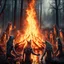 Placeholder: close up one large bonfire with its flames rising high in a clearing, around the bonfire many anthropomorphic wolf humanoids crying, dancing, singing and just watching the flames. rain, cold deep colors, around them in the background dark trees with huge trunks, rainy day, high contrast, high detail, atmospheric, dark fantasy, sci-fi atmosphere, cinematic