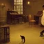 Placeholder: A cat in a historic dress is playing Piano. Background Music notes are dancing. Painting style like John Atkinson Grimshaw