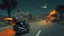 Placeholder: The kebab man driving fast on his holy motorcycle, fire from the exhaust, holy widescreen picture, holy empty road on the holy country at night, comic style, no helmet and he have a long holy black beard, neon kebab signs along the road, jesus stand at his market stand selling holy kebabs, simon stålenhag style, flying goose
