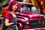 Placeholder: digital glossy airbrush realistic painting of a woman with fuscia pink wavy bob hair style with bangs, red lips, long lashes, wearing pearl jewelry, black and white polka dot dress, bare feet leaning on an old rusted Ford pickup truck, old rustic red barn in the background with redbud trees, with vibrant colors, glitter overlays, and bokeh effects, incorporating iridescent elements and a highly textured style to create an ethereal atmosphere.