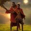 Placeholder: dungeons and dragons, monk, black, african, portrait, face, close up, cloak, clothes, cape, brown fabric, sunset, red sun, single person