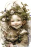 Placeholder: Artist Jean-Baptiste Monge style. A young toddler Elf child is smiling.pale skin.curly fine hair. round baby face. hugging her pet cat. her ears pointed. freckles across her nose and face. wreath of flowers in hair.