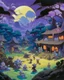 Placeholder: A violet undead nightmare realm with spirits designed in Japanese Oni masks painted by Thomas Hart Benton