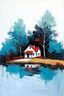 Placeholder: A dreamy and artistic abstract oil painting of a house in the wood on a lakfeaturing two elegantly . Thick, expressive brushstrokes bring texture and depth, with soft blues, black, and red tones blending seamlessly to create a flowing, ethereal effect. The minimalist yet vibrant composition is set against a clean white background, enhancing its modern and stylish appeal. The luminous, fluid movement of the f house