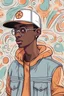 Placeholder: Cartoon side portrait of a 20-year-old color man in a summer shirt with a etherume symbol in nice hoodie and hat