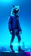 Placeholder: full body shot of a happy gentle kind grinning werewolf standing on top of a skyscraper, smiling eyes wide open: daytime: confident, stylish, Matrix film style, neon lighting, cool blue hue on sleek metallic surroundings, the werewolf's attire is avant-garde and edgy, fashionable essence of 2029, highly detailed digital painting, intricate details, Sharp focus, smooth lines, futuristic allure, captivating, visually stunning
