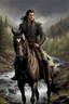 Placeholder: A 40 year old mercenary in a battle jacket and travelers cloth. He is riding a dark gray horse. He is tall, slim, has a sharply cut face. black hair, short ponytail on the top of his head. Perfect face. Perfect eyes. Perfect hands. Perfect feets. fantasy setting. A river ford in a wood. Style of Larry Elmore