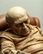 Placeholder: a chubby really old decomposing realistic male mummy, looks similar to donald trump, eyes closed, leaned over in a brown chair