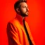 Placeholder: high quality photography 30 year old handsome developer man, stock photo premium, epic view, bright background, low-angle shot, closeup. tennis jacket, orange background. profile picture.