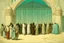 Placeholder: a group of people outside a gothic_arab glass gate in a turquoise wall by artist "Richard Dadd"