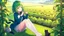 Placeholder: Girl, green hair, cat paws in hand, farm, sit, cat paws in feet, bluh