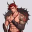 Placeholder: A Young Adult Male. A unique blend of Wood Elf and Red Tiefling features. His handsome face contrasts with the Yakuza dragon tattoos that completly cover his back, arms, and legs. He is wearing a torn coat. A physique that is strong and well-built, resembling a Fighter.