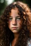 Placeholder: 14 year old girl with heterochromie, dark brown eyes, long dark brown frizzy curls, freckles all over the face