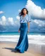 Placeholder: young lady wearing beautiful maxi blue skirt and elegant long shirt standing in beach posing to camera ,upper body shot,ships in sea ,blue sky nice clouds in background