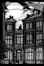 Placeholder: The court was very cool and a little damp, and full of premature twilight, although the sky, high up overhead, was still bright with sunset. Victorian London, black and white. One window, sketch-drawing.