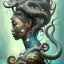 Placeholder: Sango fantasy, fantasy magic, intricate, sharp focus, illustration, highly detailed, digital painting, concept art, matte, art germ and Paul Lewin and Kehinde Wiley, masterpiece Japanese dancer head bronze octopus' Asian African girl nice breast Thai hair turquoise silver blue under water