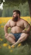 Placeholder: full figure photography, shy muscular big fat chubby, 35mm lens, burly italian man short hair, 28 years old sitting in the meadow with a flower in a hand, near a big farm , red short beard, shirtless, hairy armpits, manly armpits, ugly, manly chest, hairy chest, big shoulders, , huge belly, manly chest, shirtless, with boxer, emotive eyes looking at camera, photorealistic ,sunlight , ambient occlusion, side view, poetic composition, golden ratio