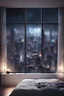 Placeholder: bedroom, future, hunger games, cosmos, high buldings, fancy, minimalism, modern, city,night, white, big window overlooking the big city at the night, 2050