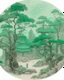 Placeholder: Grayish mint green treetops with a boxer's arena painted by Guo Xi