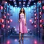 Placeholder: make a picture pretty stage made of metallic blue-gray teme 3d recursive cubic and sphere and heart simbol lights s base structures and a beautiful fashion model lady standing with cute in scene with sexy top and pretty pleated midi skirt ,makeup curvy long hair,dynamic camera zoom to full body and pan, dynamic lights.