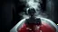 Placeholder: monochrome photo of very blur face sad pale woman sitting in bath tube around her red water, in bath, blur fog, background in corner stands one black demon shadow, dark gray old wall, darkness around, sad, surreal dark vibe, dark colors, in wall opened deep crepy abyss, splash art, cinematic, depressive vibe