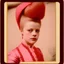 Placeholder: Young Marie-Antoinette in pink and red, high haircut, polaroid