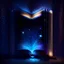 Placeholder: A closed book in a bookshelf with colored edges, dark blue glowing light, fantasy, magic, dark, stars, sparkle