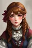 Placeholder: A pretty fantasy girl, hazel hair, intelligent, historical, colourful clothes, middle-aged, digital art, stylised