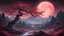 Placeholder: the ethereal beauty of a mystical landscape under the red moonlight. The scene should be illuminated by a large, radiant moon, casting its glow upon a twisted, yet majestic tree with blossoms that seem to sparkle in the night. The tree’s roots should be deeply embedded into rocky terrain, symbolizing its ancient existence. In the background, towering mountains loom, their peaks veiled in mist. A serene lake at the foot of the mountains reflects the moon’s luminescence. Incorporate elements that