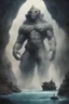 Placeholder: A giant creature lifting a big ship over head with his arms , a Smokey texture standing in a water in front of a mythical cave in granite volcanic mountain . Busch painting style