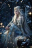 Placeholder: Elven princess,elven crown,long blonde golden hair,rapunzel hair,ice flowers,beautiful,light blue,dark blue,golden armor,sparkle,glitter,ice flowers,snow,elven ears,dark fairy princess