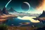 Placeholder: Alien landscape with exoplanet in the sky, over the valley. Pond