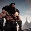 Placeholder: large muscular barbarion, heavy build, wearing fur pants, black fur boots, thick belt, long beard, shaved head, battle worn, stoic, large axe, blue eyes, eyes are both in proportion, 3/4 look, standing, dark cobblestone alley, bright fire behind, intense, non-photorealistic rendering in the art style of j.scott campbell