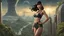 Placeholder: Photorealistic, full Body Photo Of A slim Exotic Sci-Fi Pin-Up Girl, With dark Hair and Bangs, on an alien jungle Planet With Cloud Trees, Tall Spires, Buildings, Bridges, Arches, a stormy skyline, with lightning