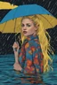 Placeholder: Pop-art style. 23-year-old woman with blonde hair and bright blue eyes stands in the sea, se has a bun.. She holds an umbrella, but it offers no protection from the pouring rain. The rain pours straight through the umbrella,it is leaking and makes staines. The rain under the umbrella is heavy paint petrol blue, the rain transforms through the umbrella. She is painted blue because of the blue rain drops. The rain is pouring heavily. She is standing in the middle of the sea. the raindrops are pain