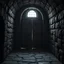 Placeholder: Inside of a dungeon with stone floor and a heavy wooden door. the only light comes from a small barred window high on the wall. Dark gothic fantasy. photorealistic. 4k