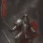 Placeholder: Knight guard far away. Shiny bright papper scroll. Weapon. Sharp. Damascus steel. Black. Technical details. Red. Doom dark. Meteorite. Fire.