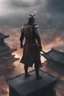 Placeholder: close up of a cybernetic samurai standing on the top of a building, looking down, chaos and smoke background, 8k, highly detailed and realistic