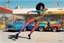 Placeholder: one woman in bright colorful and checkered (high res photo by Ralph Steadman in the 70ties) super heroine in leotard (chevron, lycra, nylon, spandex, tights) stops a massive violent thief at a gas stations, she is the queen of jujustu