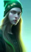 Placeholder: girl, cute, beautiful, long hair, wavy hair, green hair, blue eyes, green beanie, green coat, black tee shirt, head and shoulders portrait, 8k resolution concept art portrait by Greg Rutkowski, Artgerm, WLOP, Alphonse Mucha dynamic lighting hyperdetailed intricately detailed