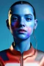 Placeholder: Ultra Realistic image, Rosalía artist, waist up portrait, black eye line, sweet angry face, spray line make up, geometric, rings piercing, led ornament, bubble latex coat, cold, led lights, pop style, vibrant color, highly detailed, art stations, concept art, smooth, unreal engine 5, god rays, ray tracing, RTX, lumen lighting, ultra detail, volumetric lighting, 3d, finely drawn, high definition, high resolution.