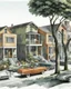 Placeholder: Architectural drawing of an urbanization of two-story houses, streets, trees, people and cars