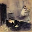 Placeholder: depressed woman typing at a smartphone laying on the floor of a dark bedroom, by berthe morisot