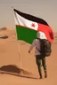 Placeholder: Al-Fanah in the middle of the African desert wearing an Algerian flag and a sophisticated backpack