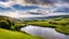 Placeholder: View in the Yorkshire Dales with beautiful clouds, late afternoon sunshine, stone walls, hills and valleys, river, calm, peaceful, tranquil