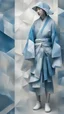 Placeholder: Multi-exposure 3D photographic image, Su Dongpo's drunken inscription poem, blue-gray ancient clothes, modern beautiful photographic art, polygonal clothes wrinkle pattern, white tips, background patchwork, colorful, gray, old blue-yellow, white clothes ghosting, superimposing, illusion of beautiful dreamy phantoms.